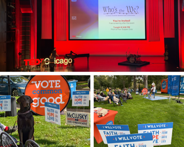 A three-image collage featuring a photo from the TEDxChicago screen, a Dog for the Common Good, and a gathering outside in Chicago.